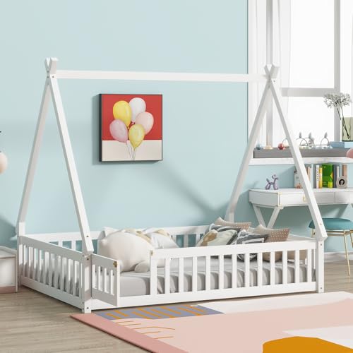 Image of MaiDeHaoo Full Size Tent Bed Frame with Fence and Door, Tent-Shaped Floor Bed with Wooden Slats Support, White
