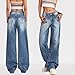 Djeanxa Women's Low Rise Baggy Jeans Washed Straight Wide Leg Denim Pants Casual Loose Boyfriend Jean Streewear Trousers Blue