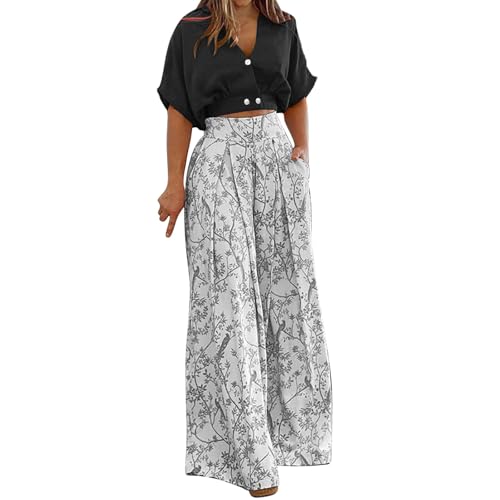 Mrat Conjunto de 2 piezas para mujer, para vacaciones, verano, conjunto de camiseta corta y pantalones, trajes vintage con estampado floral, trajes casuales elegantes para fiestas, viajes, bodas, 01