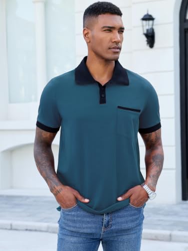 Image of Men's Casual Polo Shirts Summer Short Sleeve Contrast Collar Buttoned Tee Polo Shirt with Pocket