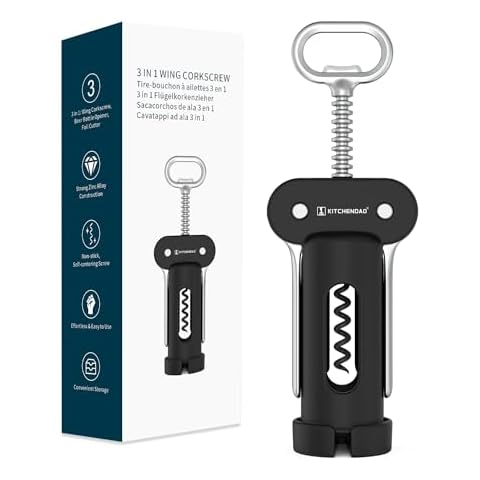 KITCHENDAO 3 in 1 Wing Corkscrew Wine Bottle Opener with Foil Cutter, Built-in Beer Bottle Opener, Multifunctional Wine Opener with Non-Stick Sharp Screw,Easy to Use, Manual Wine Corkscrew，Black Cover