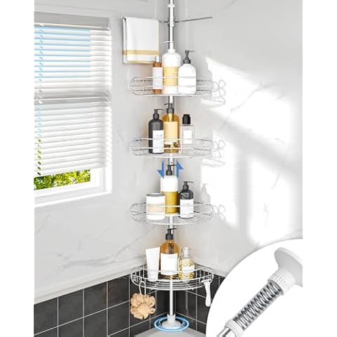 ALLZONE Corner Shower Caddy Tension Pole, 4-Tier Adjustable Shower Shelves, Rustproof Bathroom Shower Organizer Corner and Shower Racks for Inside Shower Storage, 56 to 113 Inch Height, Sliver Cover