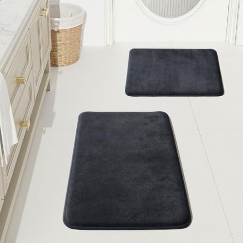 HUXMEYSON Bathroom Rugs Sets 2 Piece, Non-Slip & Quick Dry Bath Mat Set, Ultra Soft Velvet Bath Rugs for Bathroom, Toilet and Shower Floor, Dark Grey