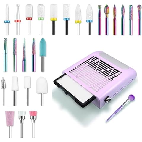 Rolokit 80W Nail Dust Collector Nail Tech & 26PCS Nail Drill Bits Set, 3/32 Professional Nail Bits Vacuum Dust Collector Cover