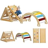 AIYAPLAY 7-in-1 Montessori Klettergerüst Indoor Holz Kletterdreieck mit Kletterbogen, Rutsche, Indoor Spielplatz mit Rampe, Kletternetz, Kletterstein, für Kinder von 1,5-4 Jahre, Mehrfarbig