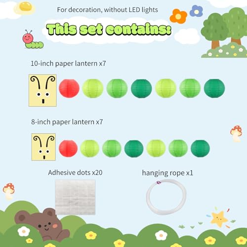 Image of Hungry Caterpillar Paper Lanterns - Green Cartoon Style | Hanging Decor for Back to School, Birthday, Classroom Decorations and Theme Parties (14-Pack, 8 /10 Inch)
