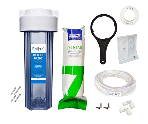 Image of Parijata 10 inch Heavy Quality Transparent Pre-Filter Housing with Spun PP Filter, Clamp & Elbow Connector 1 /4 inch for ro Water Purifier, 5 Micron Sediment (Spun Filter 160 Grams)
