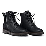 SHIBEVER Black Ankle Boots for Women Comfortable Lace-up Fall Fashion Combat Boots 2025 Low Heel Lug Sole Zipper Short Booties size 8.5