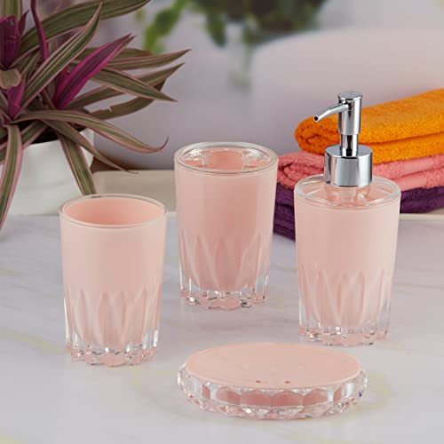 Image of Kookee Acrylic Bathroom Set - Stylish 4 Piece Bath Accessories Kit with Soap Dispenser, Toothbrush Holder, Tumbler & Soap Dish - Modern & Designer Decor for Home & Guest Bathrooms (8343)
