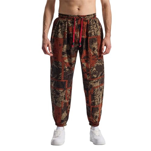 Cotton Linen Trousers for Men Retro Printed Joggers Pants Elastic Waist Drawstring Sweatpants Straight Leg Pants Purple