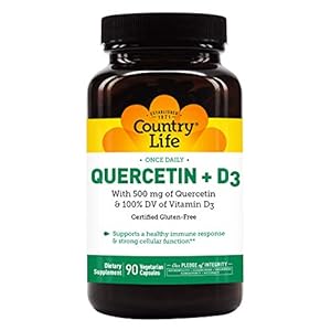 Country Life Quercetin + Vitamin D3 with 500mg of Quercetin & 100% Daily Value of Vitamin D3, 30 Vegetarian Capsules, Certified Gluten Free, Certified Vegetarian