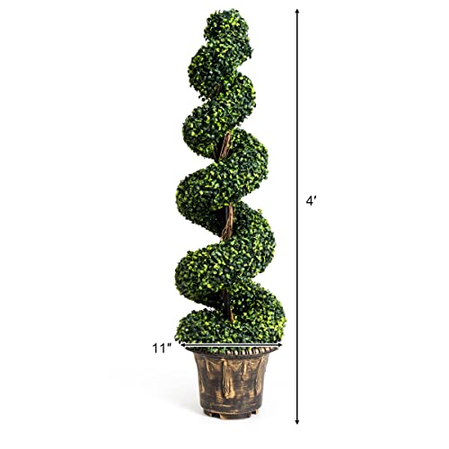 Goplus 4 Ft Artificial Boxwood Spiral Topiary Tree, Fake Greenery Plants, Leaves & Cement-Filled Plastic Flower Pot Decorative Trees For Porch Home Office Indoor Outdoor #TOP3