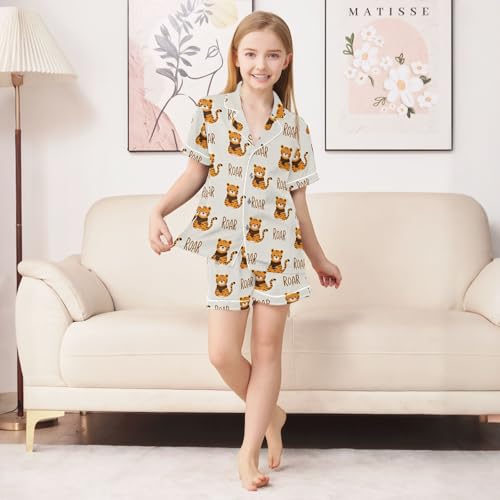 ALAZA Tiger Print Animal Satin Pajamas Set Short Sleeve Button Down Sleepwear Summer Pjs 2 Piece3