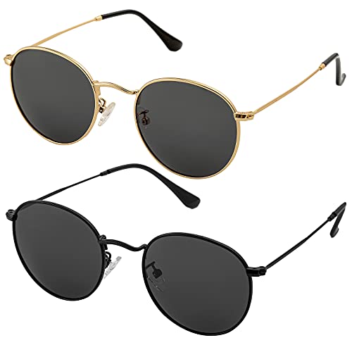 Small Round Polarized Sunglasses for Men Women Classic Circle Metal Frame Sun Glasses 2 Pack