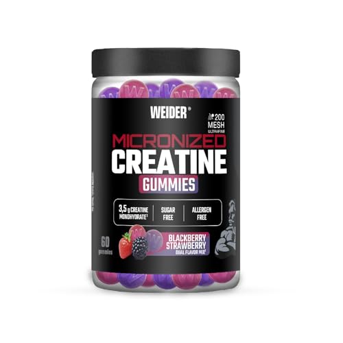 Weider Micronized Creatine Gummies (60 gominolas) Sabor DUO Fresa-Mora, con 3,5g creatina monohidrato 200 MESH/porción, Certificado por laboratorio Europeo, ayuda al rendimiento físico (20 porciones)