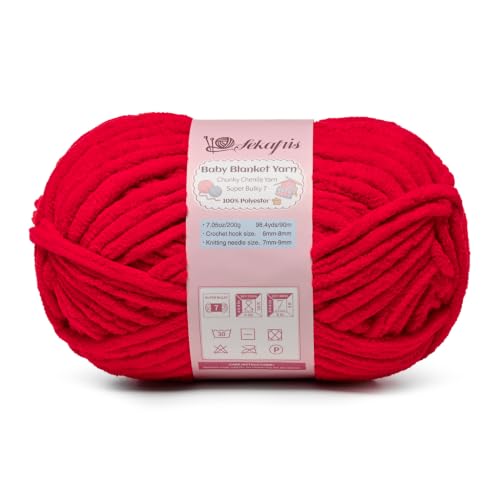 Image of Red 7.05 oz /98.4 yds Chunky Chenille Yarn for Crocheting, #7 Super Bulky Baby Blanket Yarn for Crocheting Soft, Fluffy Velvet Yarn for Knitting, Amigurumi Crochet Yarn for Crafts
