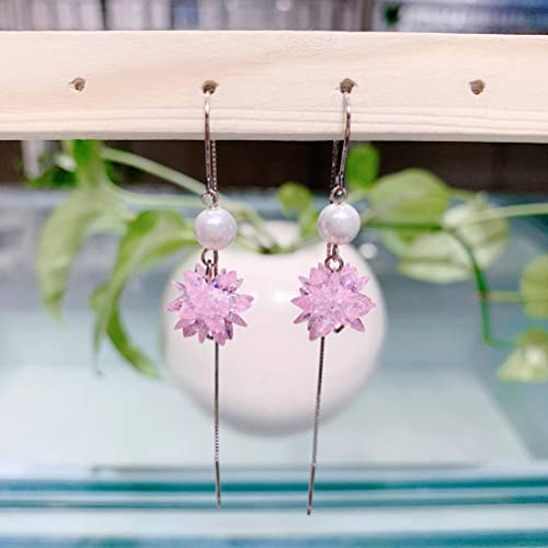 Boucles d'oreilles roses pendantes en argent avec fleurs et zircons brillants