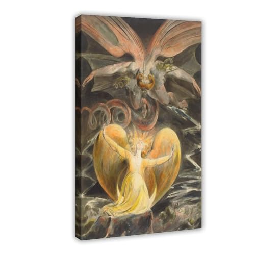 Impression sur toile William Blake dragon rouge - Décoration murale bureau avec cadre suspendu