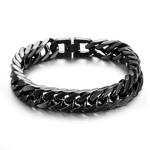 RWQIAN Pulsera Hombre Negro Acero Inoxidable Tanques Pulseras Cadena 12mm Hombres Cubanas Pulsera 20cm Hip hop Regalos Para Papá Hijo Hermano Marido