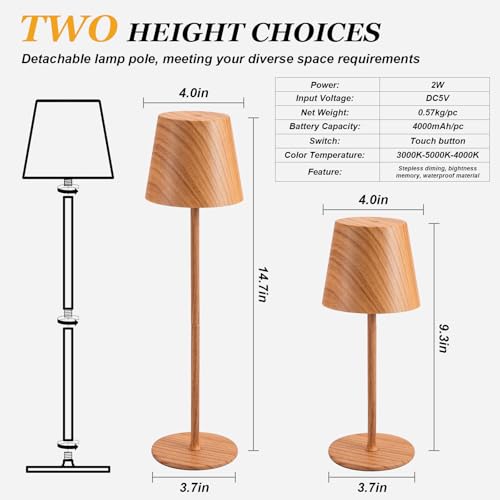 Image of Kakanuo Cordless Table Lamp Rechargeable - Wood Grain 2 Pack 5000mAH Battery Operated Lamp for Counter, 3 Color Stepless Dimming Wireless Lamp for Dining Kitchen, Outdoor Patio, Touch Control