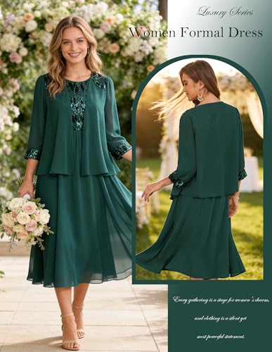 Image of GRACE KARIN Formal Wedding Guest Dress Sequin Mother of The Bride Dresses | Two Piece,3 /4 Sleeve,Tea Length,Crew Neck,Fit and Flare,Chiffon,Suitable for Spring /Summer /Fall /Winter /Cocktail /Party /Prom