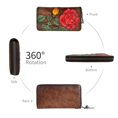 Image of Wallet Genuine Leather for Women - with RFID Blocking Card checkbook ID Slot Large Capacity Vintage style (big rose coffee)
