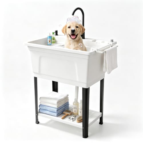 Image of Vingli Freestanding Utility Sink with Faucet, 36 inch Heightened Basin for Laundry, Garage, Outdoor Garden, Pet Wash, Heavy Duty Plastic Laundry Tub with Storage Shelf (White, 32 inchLx24 inchWx36 inchH)