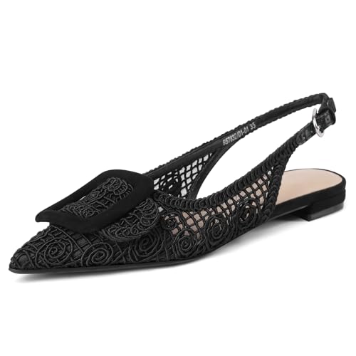 Image of USIMAD Woven Pattern Slingback Mesh Flats for Women Pointed Toe Square Buckle Comfortable Office Dress Shoes