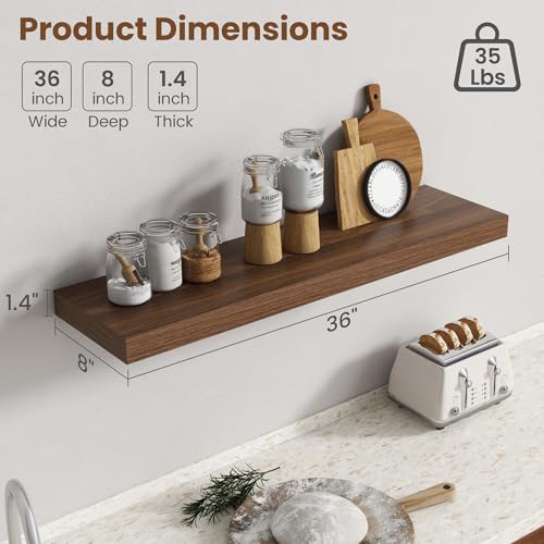Image of 36 Inch Floating Shelves for Wall, 8 Inch Deep Floating Shelf for Storage & Display, Rustic Wall Mounted Shelf with Invisible Brackets for Living Room, Kitchen, Bathroom, Home Decor, Set of 2, Walnut