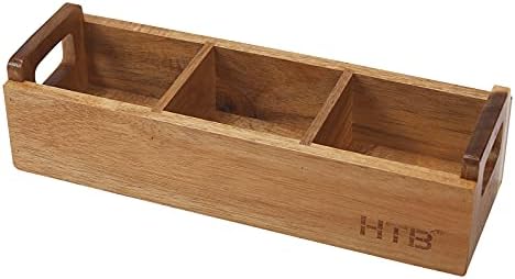 HTB Small Wooden Tea Bag Box, 3 Compartments Acacia Wood Tea Bag Chest with Handle, Mini Countertop Divided Storage Container for Beverage Supplies, Sugar, Sweeteners, Individual Packets