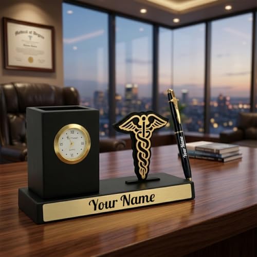 Image of Giftana 2 in 1 Personalized Desk Table Organizer with Pen Gift Set for Doctors, Customized Pen Stand Table Clock & Calendar, Customised New Year Corporate Gift Set for Employee (Doctors Symbol)