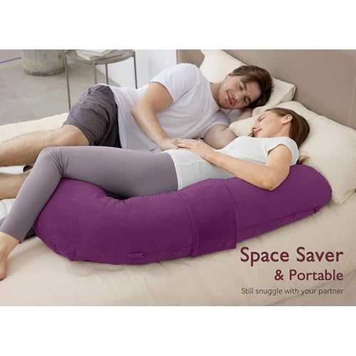 Image of J-Shaped Sleeping Pregnancy Pillow| Removable Velvet Covers| PregnoCare Fibres| Maternity, Nursing| Full Body Soft-Support Bump, Head, Back, Shoulder, Hips, Legs and Belly (Purple)