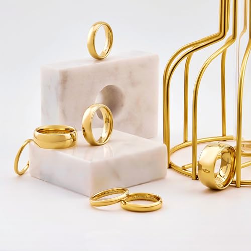 Custom Engraved Gold Plated Tungsten Carbide Wedding Band Classic Half Dome. 2mm-10mm Widths Available. Some Rings Feature a Single Cubic Zirconia.3