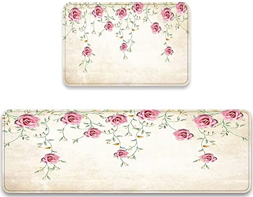 Rustic Pink Roses Kitchen Rug Set Of 2 Comfort Floor Mats Spring Chic Floral Vintage Beautiful Shabby Rose Flowers Farmhouse Door Mat Anti Fatigue Non Skid Washable Bathroom Runner Rugs Area Carpet #TOP11