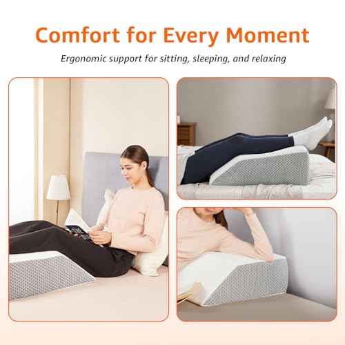 Image of amazon basics Wedge Leg Pillow | High Resilience Super-Soft Foam | Leg, Hip, Thigh & Knee Rest | Generous Size for Both Legs | Washable Cover | 22 x 20 x 7 in | White & Grey