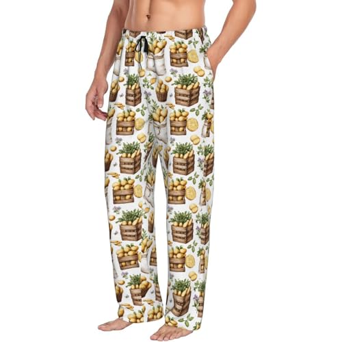 Mens Pajama Pants - Autumn Potato Lemon Print Soft Sleep Lounge Pants For Men, Casual Pj Bottoms With Pockets