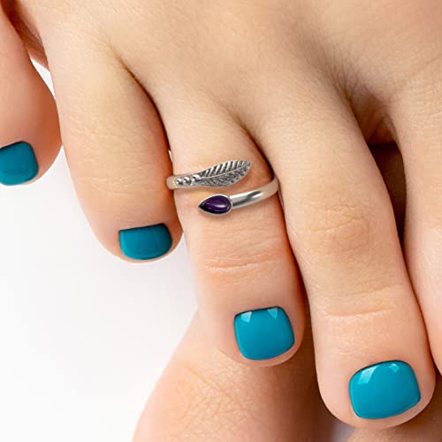 Sterling Silver Gemstone Feather Toe Ring, Birthstone Wrap Ring, Open Adjustable Foot Or Midi Knuckle Ring, Handmade Bohemian Jewelry (Amethyst) #TOP3