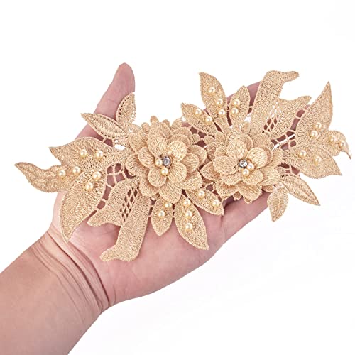 1 Pair 3D Lace Applique, Sew On Flower Bead Patches Embroidery Floral Motif Beaded Rhinestones Lace Trim Fabric Pearl Appliques For Sewing Wedding Bride Dress Veil Clothes Decoration (Silver) #TOP2