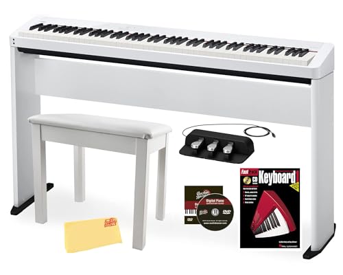 Casio PX-S1100 Privia Digital Piano - White Bundle with CS-68 Furniture Stand, SP-34 Three Pedal System, Furniture Bench, Instructional Book, Instructional Video, and Austin Bazaar Polishing Cloth