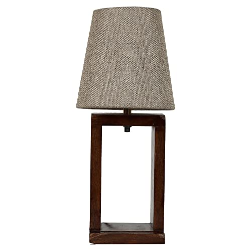 Image of tu casa Wooden Table Lamp for Bedroom & Living Room | Mango Wood Base with Beige Cotton Fabric Shade | Decorative Bedside Night Lamp for Home Decor & Festive Gifting