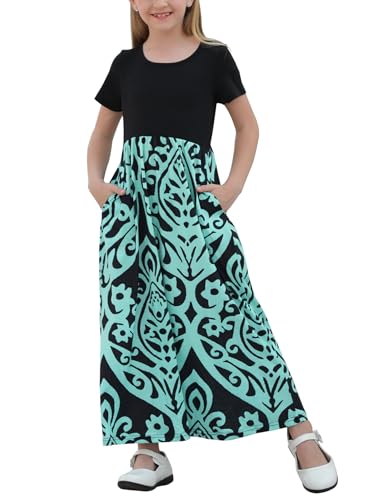 GORLYA Girl's Short Sleeve Patchwork Floral Print Loose Casual Long Maxi Dress with Pockets for 4-12 Years Kids