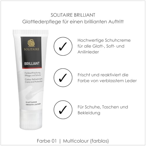 SOLITAIRE Brilliant Schuhcreme Farblos, mit Farbauffrischung für Glattleder und intensive Pflege und leichte Imprägnierung für Schuhe, Taschen, Kleidung, mit Schwammaufträger, 75ml