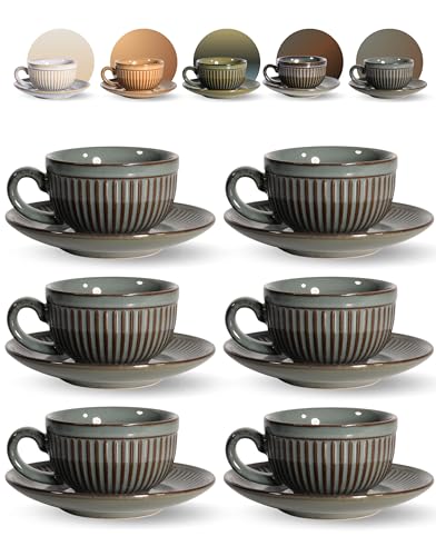 Erkundpresso. Tazas de Café Espresso con Platos - 6 x 100 ml con Asa - Estrias Antideslizantes - Cerámica Paredes Gruesas - Juego de Té - Aptas para Lavavajillas - Caja de Regalo - Gris