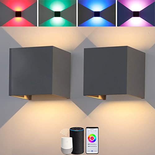 Alexa LED Wandleuchte Innen Smart Aussenleuchten Dimmbare Wandlampe, IP67 Wasserdichte Outdoor Lampe 8W RGB+CCT Farbwechsel Wandbeleuchtung, Tuya Bluetooth APP Control Kompatibel Google Home, 2 Stücke Cover