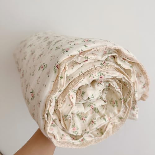 Image of BuLuTu 2-Layer Muslin Cotton Kids Quilt for Twin Bed, Soft Gauze Blanket Lace Edged, Girls Boys Toddler Comforter, Breathable Lightweight, Pomegranate Pattern, 60 inchx78 inch, Machine Washable