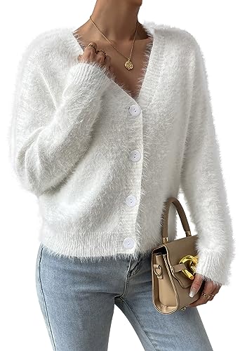 Viottiset Damen Pelzige Strickjacke Batwing-Ärmeln Vorne Offen V-Ausschnitt Knopfleiste Locker Pullover Mantel Weiß XL