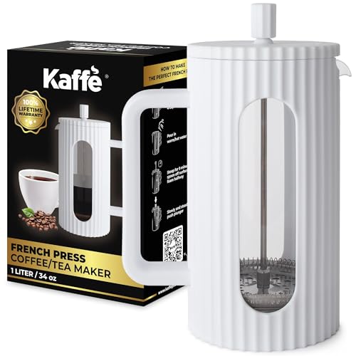Kaffe French Press Coffee Maker (34oz / 1L) - Borosilicate Glass and BPA-Free Plastic Coffee Press - White - Lightweight Travel & Camping Coffee Maker