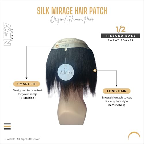 Image of Artello SILK MIRAGE Smart Hair Patch for Men, Softest Double Layer Hair Wig in 100% Natural Human Hair, Scalp Mesh for Soaking Sweat, Tissued Base (Colour: Natural Black) (7x5)