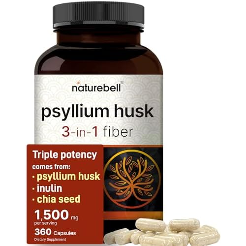 NatureBell Psyllium Husk Fiber Supplement, 1,500mg Per Serving, 360 Capsules | with Inulin & Chia Seed | Organic Soluble Fiber for Digestive & Gut Health | Plant-Based, Non-GMO, Gluten-Free
