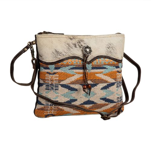 Myra Bag Purses for Women - Sun Serape Cowhide Purse and Tribal-Inspired Upcycled Woven Rug in Hues of Rust, Orange, Blues, and Ivory, Western Purses for Women2